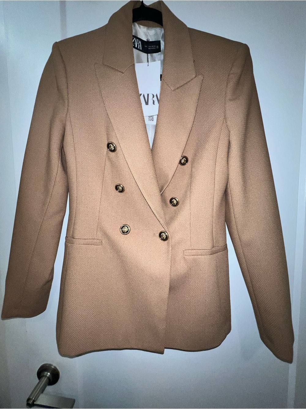 Zara Double-Breasted Camel Blazer with Gold Buttons- NWT